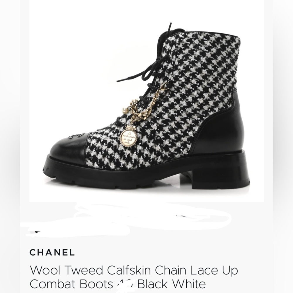 NWT CHANEL Wool Tweed Black and White Lace Up Boots 36.5/6.5 - Picture 8 of 12